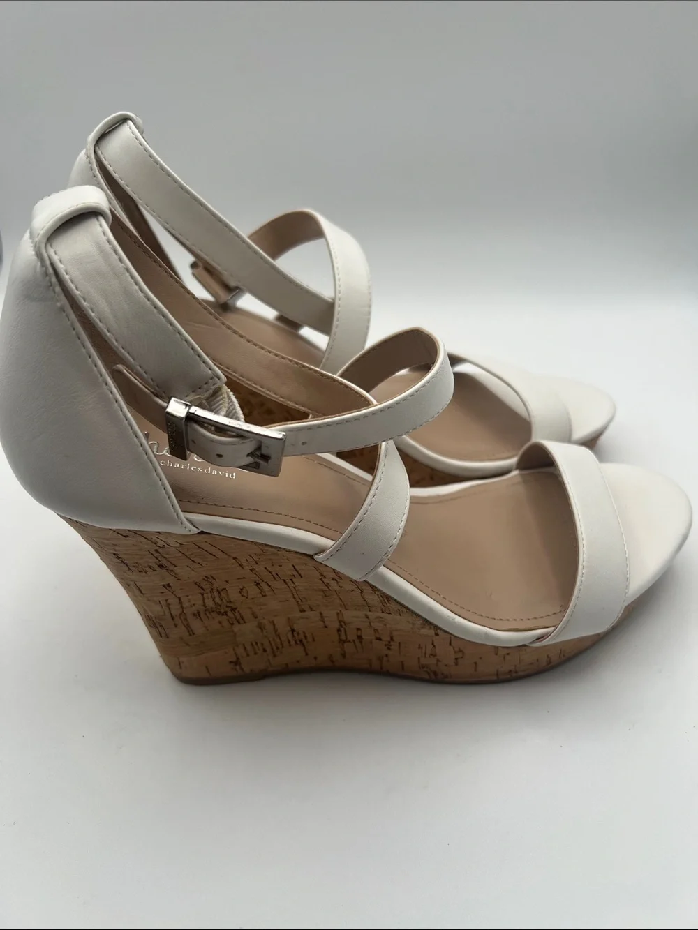 Charles by Charles David White Cork Wedge Sandals Women’s 9.5 M Ankle Strap